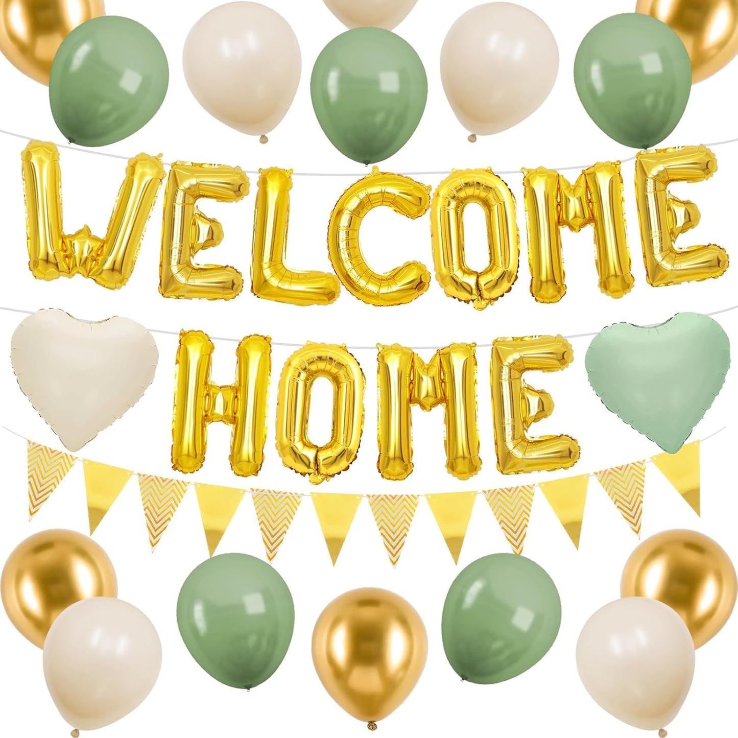 Welcome Home Decorations Green Gold,Gold Welcome Home Foil Balloon Banner with Sage Green White Heart Balloons Pennant Flag Bunting for Housewarming Baby Shower Home Family Party Supplies