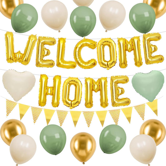Welcome Home Decorations Green Gold,Gold Welcome Home Foil Balloon Banner with Sage Green White Heart Balloons Pennant Flag Bunting for Housewarming Baby Shower Home Family Party Supplies
