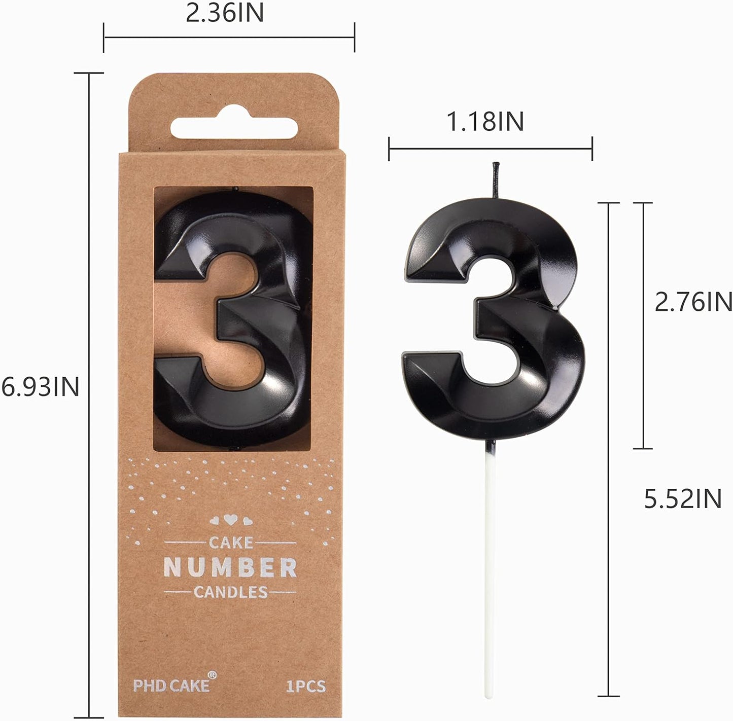 PHD CAKE 2.76 Inch Diamond Black 3 Number Birthday Candles, Black Number Candles, Cake Number Candles, Party Celebration