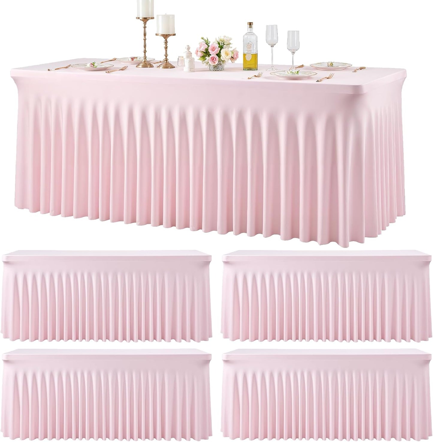 4 Pack 8ft Pink Spandex Table Cloths for Rectangle Tables Wrinkle Free Pink Rectangle Tablecloths Stretch Fitted Table Cover with Skirt for Baby Shower Girl Birthday Party Wedding Banquet Buffet