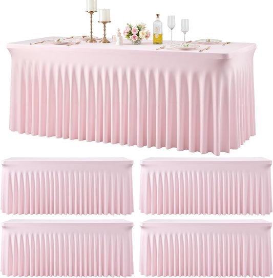 4 Pack 6ft Pink Spandex Table Cloths for Rectangle Tables Wrinkle Free Pink Rectangle Tablecloths Stretch Fitted Table Cover with Skirt for Baby Shower Girl Birthday Party Wedding Banquet Buffet