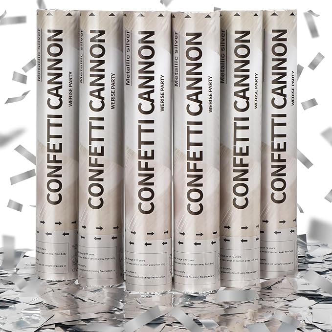 Silver Confetti Poppers Cannon, 6 Pack WERISE Party Mylar Silver Confetti Shooters for Wedding, Birthday, Graduation, New Year and Celebration 12 Inch