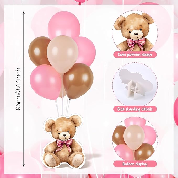 6 Sets Bear Baby Shower Balloon Stand Kit for Table Girl Baby Shower with Balloon Ornament for Pink Bear Theme Gender Reveal Birthday Party Table Decoration Supplies