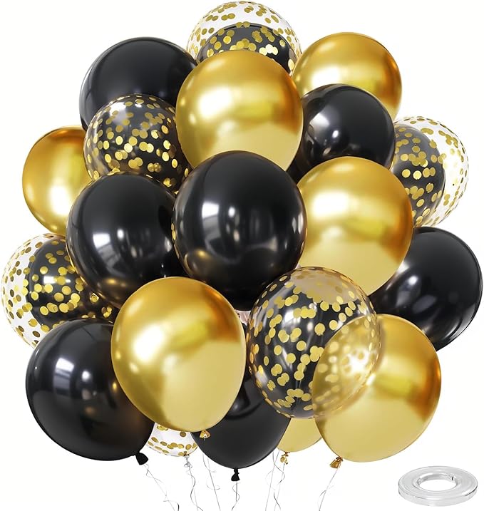 Zesliwy Black and Gold Confetti Balloons, 50 Pack Gold Metallic and Black Latex Balloons for Birthday Graduation Anniversary New Year Party Decorations