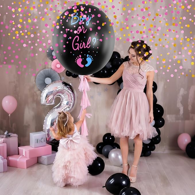 Gender Reveal Balloon 2 Pack, 36 Inch Black Balloons with Pink Blue Hearts Confetti for Boy or Girl Baby Gender Reveal Ideas Baby Shower Party Decorations Kit
