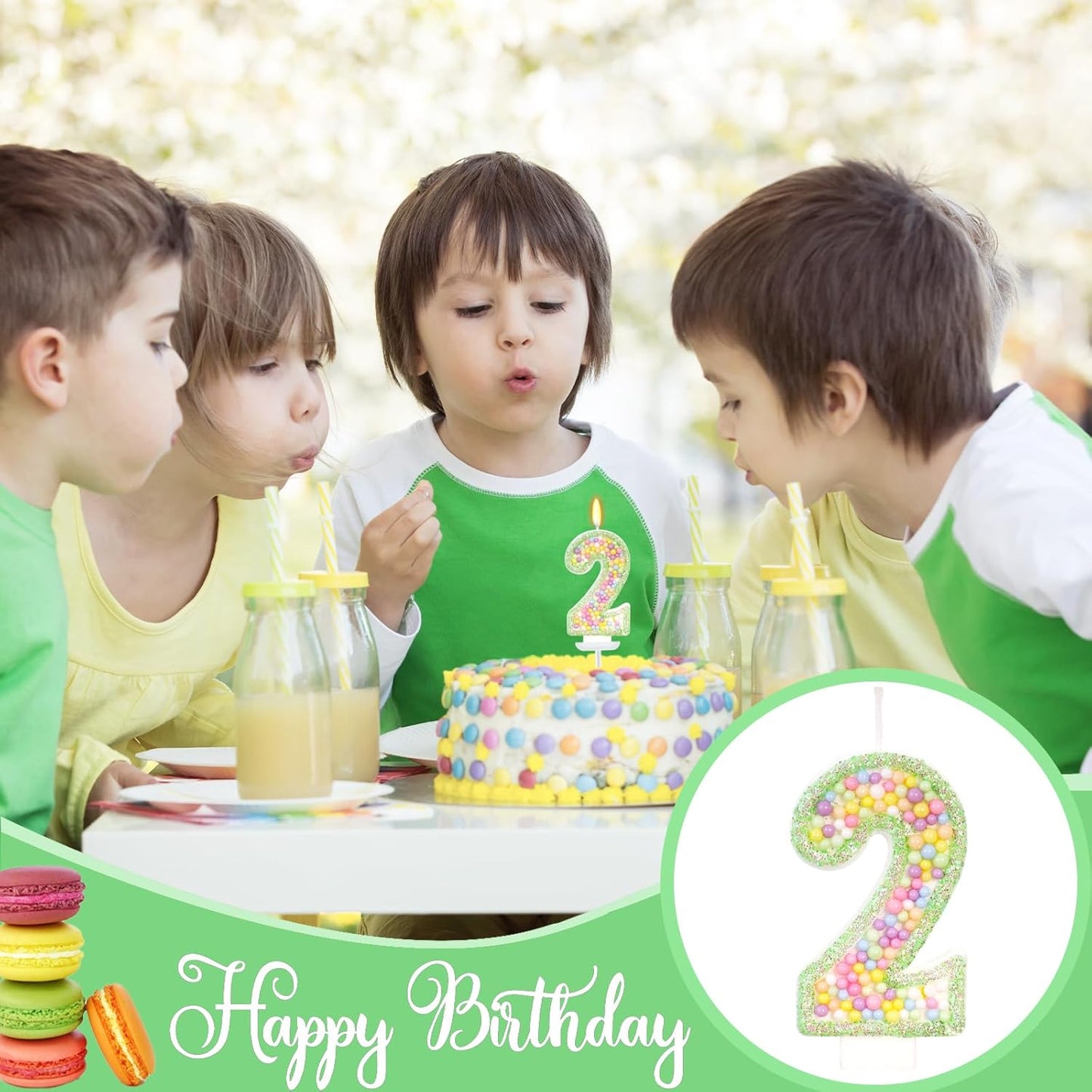 Birthday Candles - Number 2 Candle, Colorful Macaron Candles for Boys/Girls, Green Cake Decorations, Dinosaur Themed Party Supplies