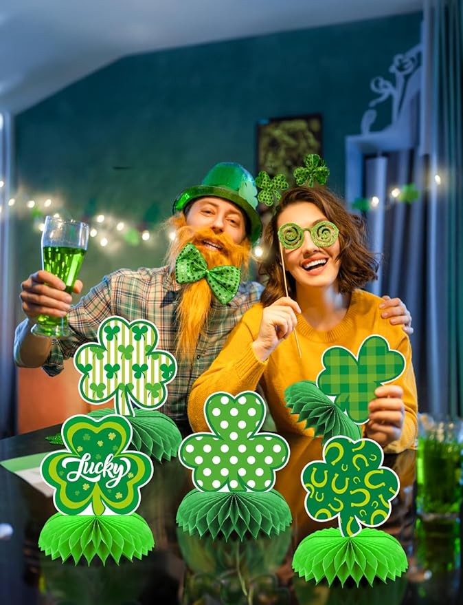 St Patricks Day Table Decorations, 9 Pcs St Patricks Day Centerpieces, Irish Green Honeycomb Centerpieces for Table, 3D Shamrock Table Decor for St. Patrick's Day Party Favor Supplies