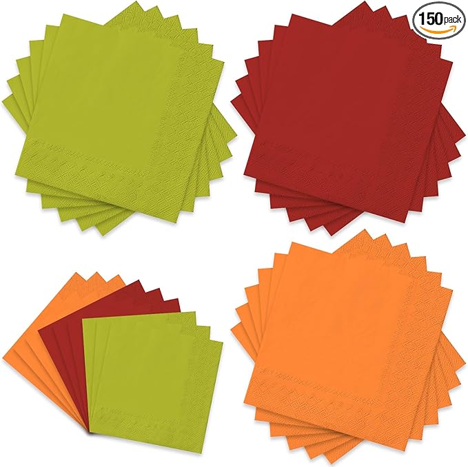 Whaline Fall Thanksgiving Paper Napkin Orange Red Green Dinner Napkin 3 Colors Disposable Luncheon Napkin for Party Supplies Table Decorations, 150 Pcs