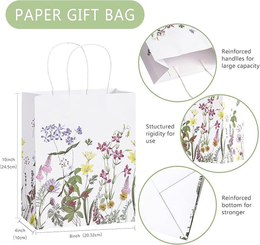 Loveinside Vintage Wildfloral Paper Gift Bag, Spring Flower Deisgn with Handles Grocery Shopping Bags Candy Goodie Bags for Birthday, Wedding, Spring, Mother's Day, 8" x 4" x 10", 12 Pcs