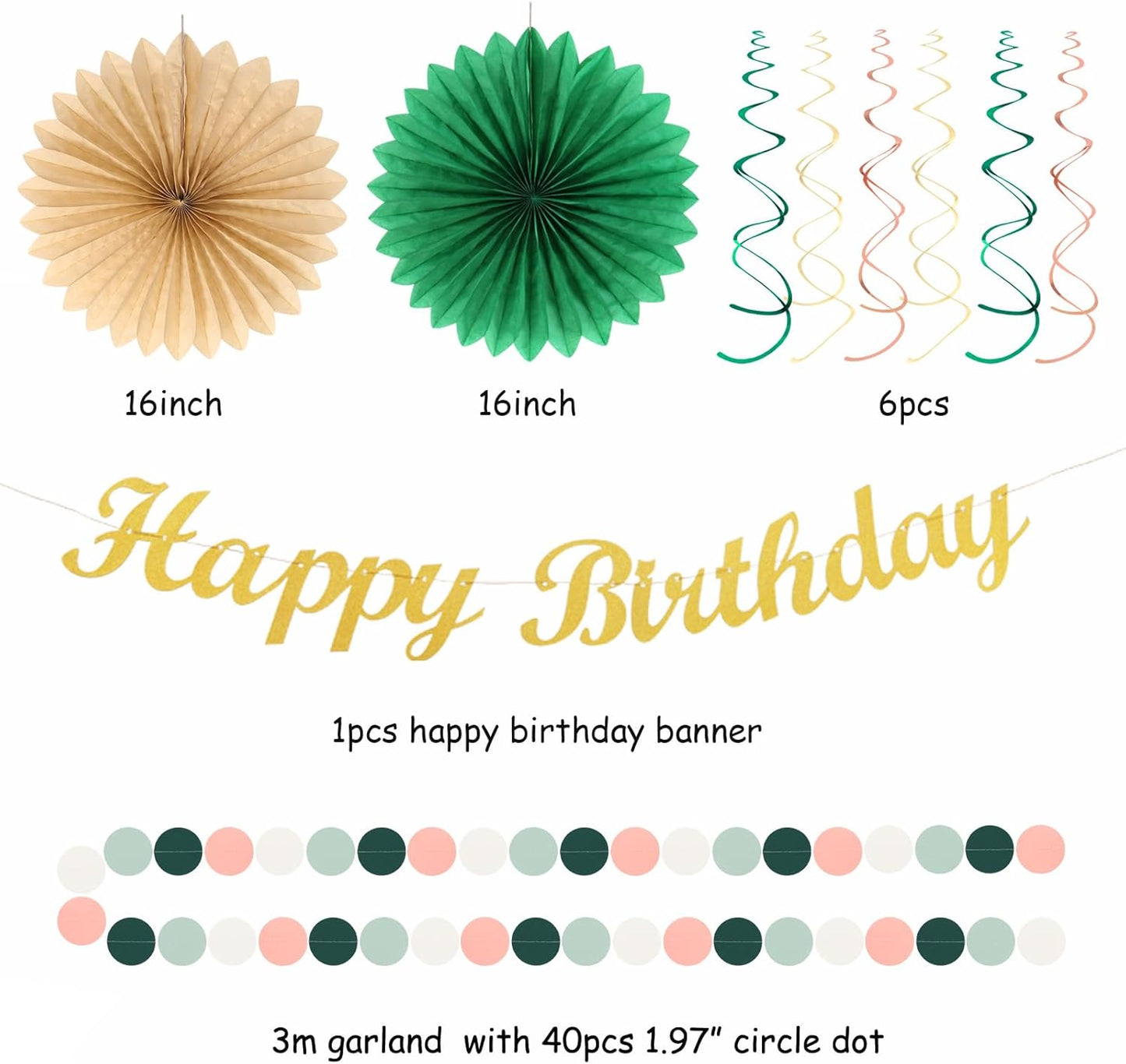 Sage-Green Pink-Gold Boho-Rustic Birthday Party-Decorations - 21pcs Happy Banner,Olive Retro Beige Paper Lanterns Pom Poms,Neutral Streamers Garland,Women Girls Decor Supplies Huglony