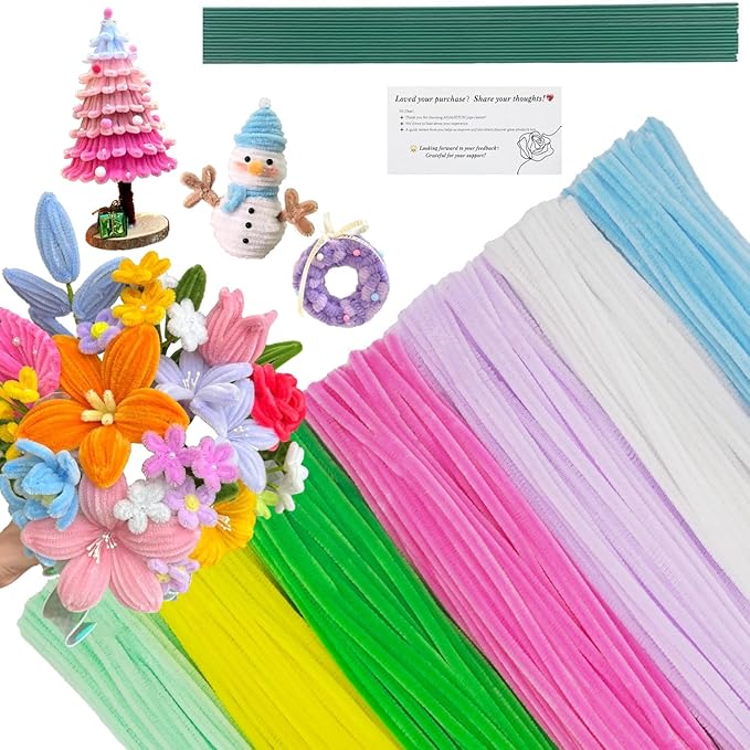 720 Pieces Pipe Cleaners Flower Set, 700 Flower Corlor Chenille Stems Whith 20 Pcs Stems, Craft Supplies Bulk for DIY Art and Craft Projects Creative Gift Wrapping Party Decorations(7 Colors)