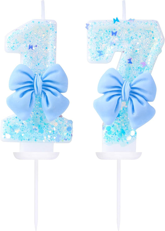 17 Birthday Candles Blue Bow Number 17 Cake Candles, 17th Cake Topper Decorations for Kids Pets Pastel Birthday Party Supplies (Number 17)