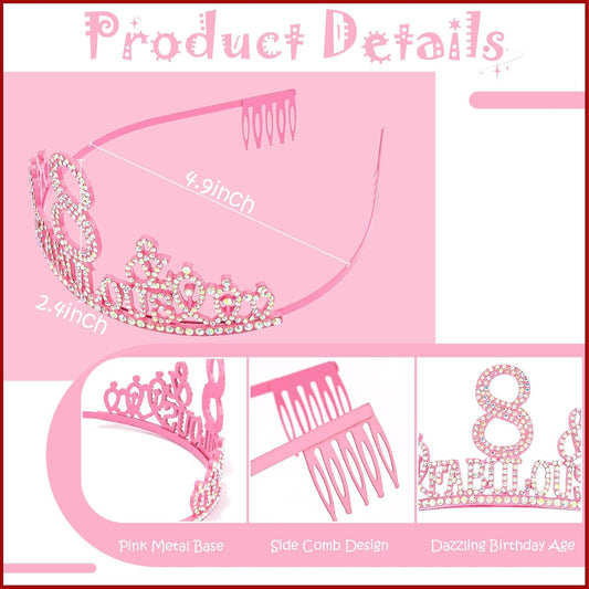 8th Birthday Decorations for Girls Set - Happy 8th Birthday Princess Crown and Glitter Sash, 8 Year Old Girl Tiara Party Decorations Supplies Outfit Accessory Gifts
