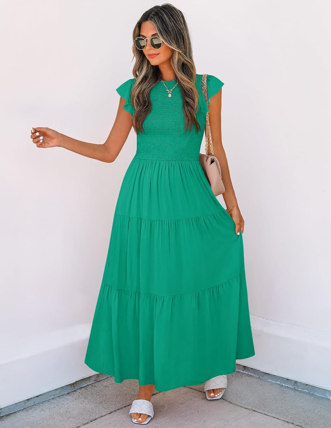 ZESICA Women's 2025 Summer Casual Flutter Short Sleeve Crew Neck Smocked Elastic Waist Tiered Midi Dress