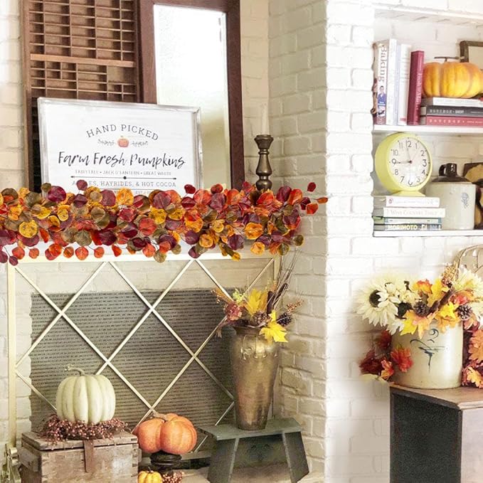 2 Pack Fall Garlands Artificial Eucalyptus Garland Plant, 6ft Faux Vine Hanging Silk Eucalyptus Leaves Fall Foliage Autumn Garland Decoration for Home Mantle Fireplace Wedding Thanksgiving Party Decor