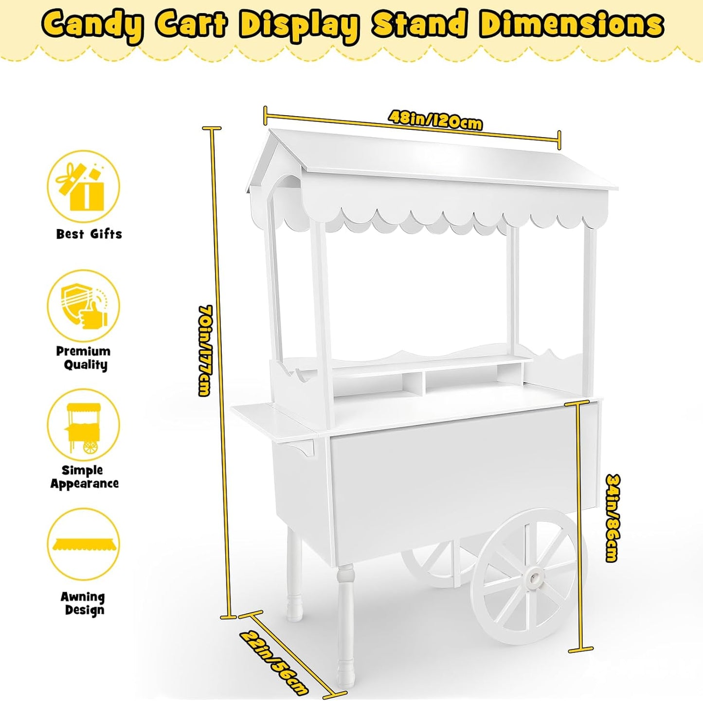Candy Cart Display Stand for Party, Dessert Cake Cart Stand with Wheels, Vintage Dessert Display Stand Decoration Cart with 100 Balloons, String Light for Parties, Birthdays & Weddings (WHITE)