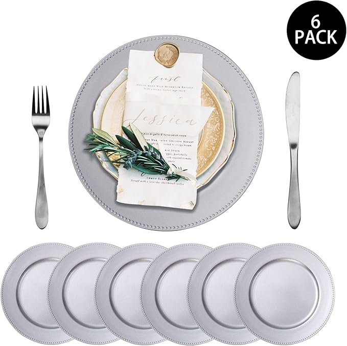 MAONAME Silver Charger Plates Set of 6, Round Dinner Chargers with Beaded, 13 Inch Plastic Plate Chargers for Wedding, Table Decor
