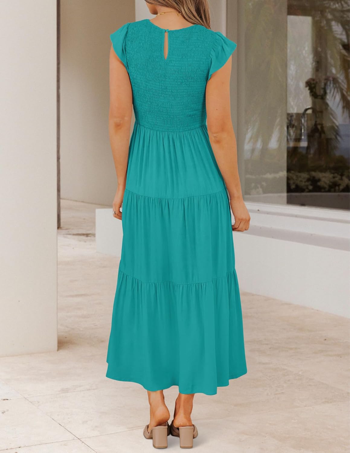 ZESICA Women's 2025 Summer Casual Flutter Short Sleeve Crew Neck Smocked Elastic Waist Tiered Midi Dress