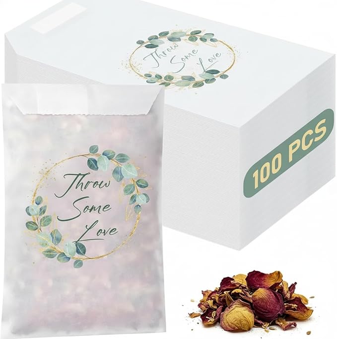 100 Pcs Wedding Confetti Bags, 2.8" x 5" Throw Flower Petal Packets Semi-transparent Glassine Waxed Paper Treat Bags for Wedding Toss, Party Decor(Throw Some Love-green Leaves)