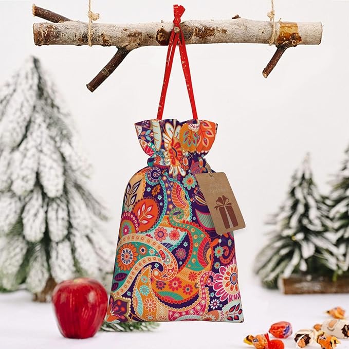 Jhggffd Boho Floral Colorful Bohemian Flower Christmas Gift Bags Christmas Treat Bags Cloth Christmas Gift Bag Drawstring Christmas Bags for Gifts Favor Bags Reusable Xmas Gift Bags for Holiday Party