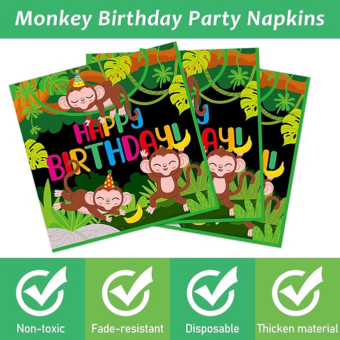 96 Pcs Monkey Birthday Party Supplies Jungle Monkey Birthday Paper Plates Napkins Jungle Animal Party Decorations Wild Animal Disposable Dinnerware Favor for Kids Baby Show Tableware Serves 24