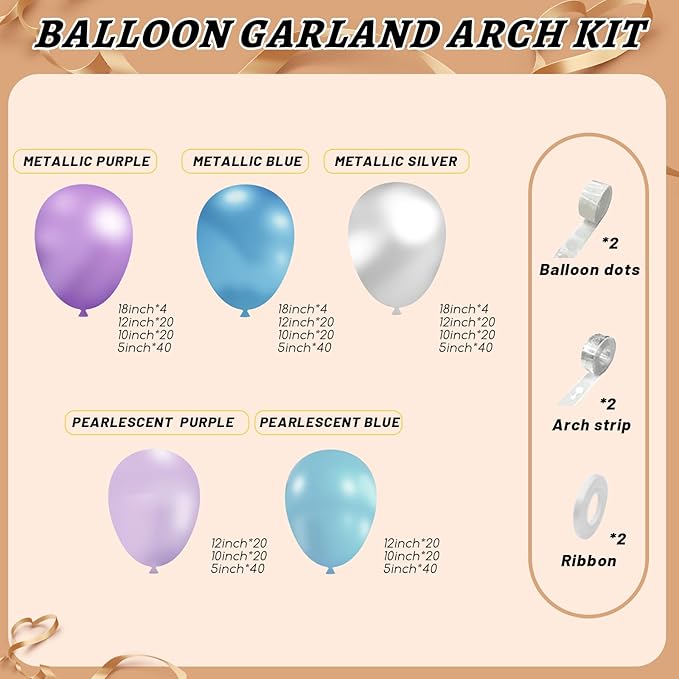 412pcs Blue Purple Balloon Garland Arch Kit, 18 12 10 5 inch Different Sizes Blue Purple Pearlescent Metallic Balloons for Princess Winter Wonderland Girl Baby Party Decorations