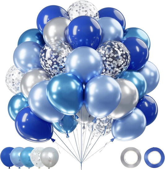 Netnology Blue Silver Balloons Set,60Pcs 12 Inch Navy Royal Blue Balloons Light Blue Silver Metallic Confetti Balloon for Birthday Baby Shower Bridal Shower Wedding Graduation Party Decorations