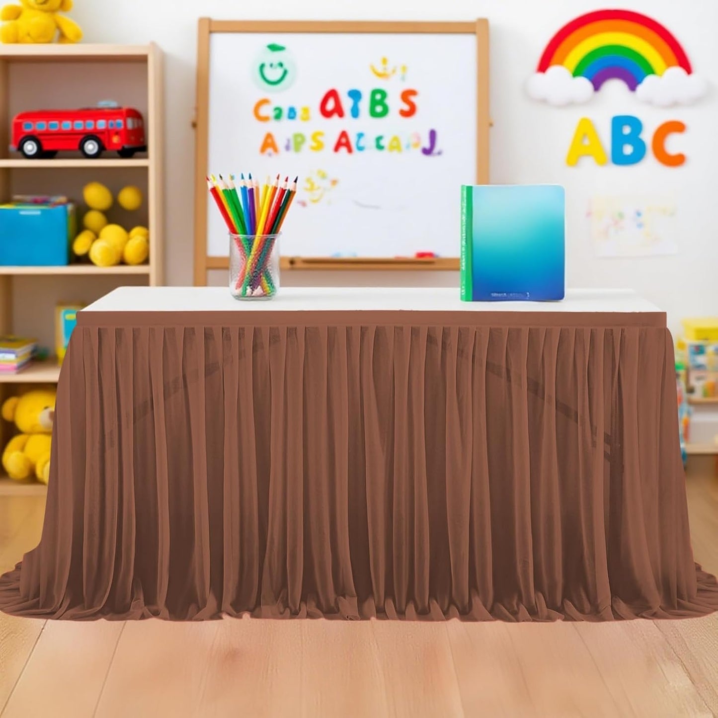 6FT Tulle Table Skirt for Teacher Desk Rectangular Ruffle Table Back to School Supplies for Kindergarten Preschool Middle School Classroom Decor, Brown