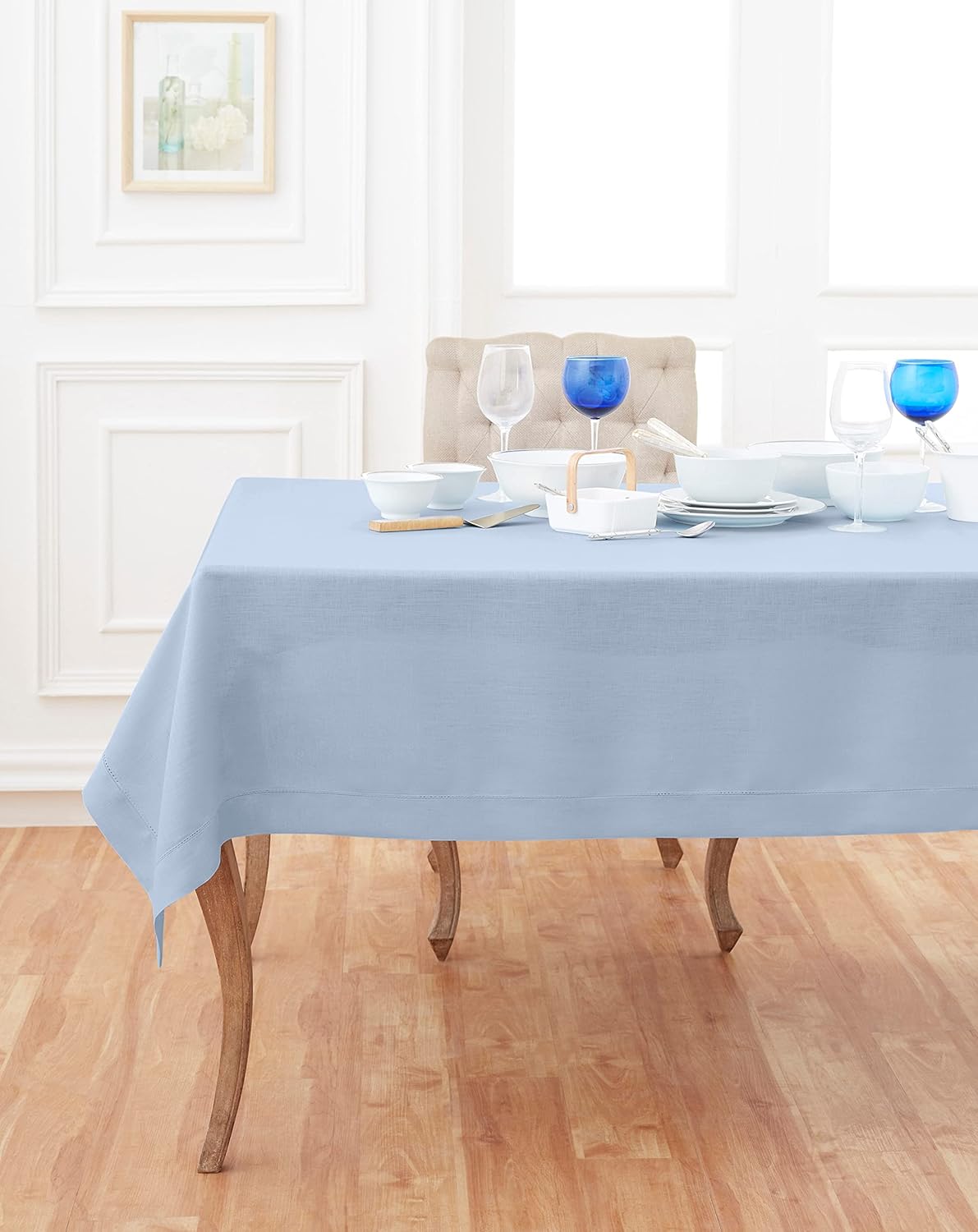 Solino Home Square Linen Tablecloth 52 x 52 Inch - 100% Pure Linen Sky Blue Table Throw - Classic Hemstitch, Machine Washable Table Cloth for Christmas