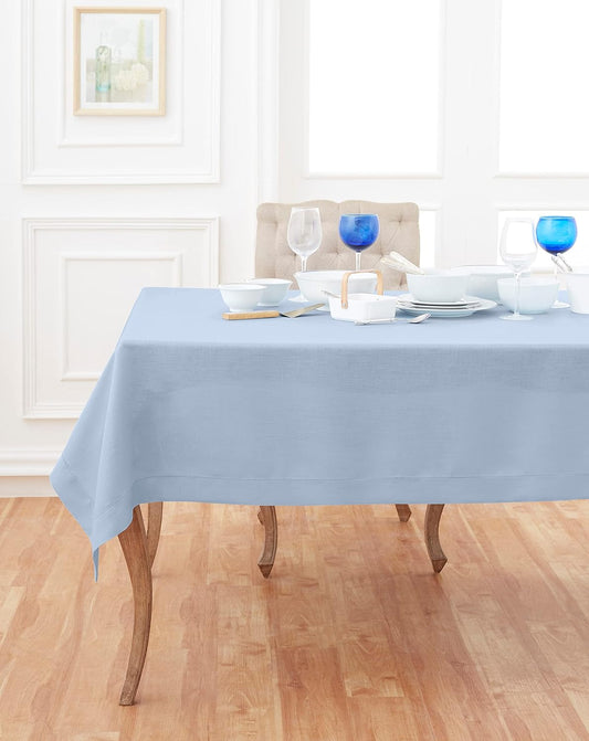 Solino Home Linen Tablecloth 60 x 90 Inch - Classic Hemstitch 100% Pure Linen Sky Blue Table Cloth for Rectangle Tables - Machine Washable Tablecloth for Christmas, Holiday