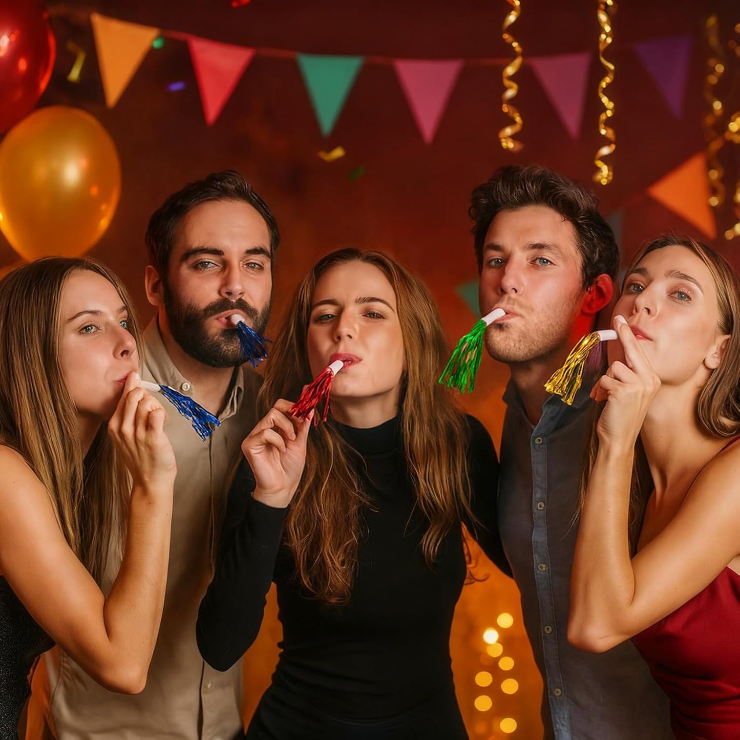 Gold New Years Noise Makers 48 PCS Glitter NYE Party Blowers Blowouts New Years Eve Games Favors Supplies Birthday Pep Rally for Adult Prank Graduation Sporting Events Horns Noisemakers Accessories