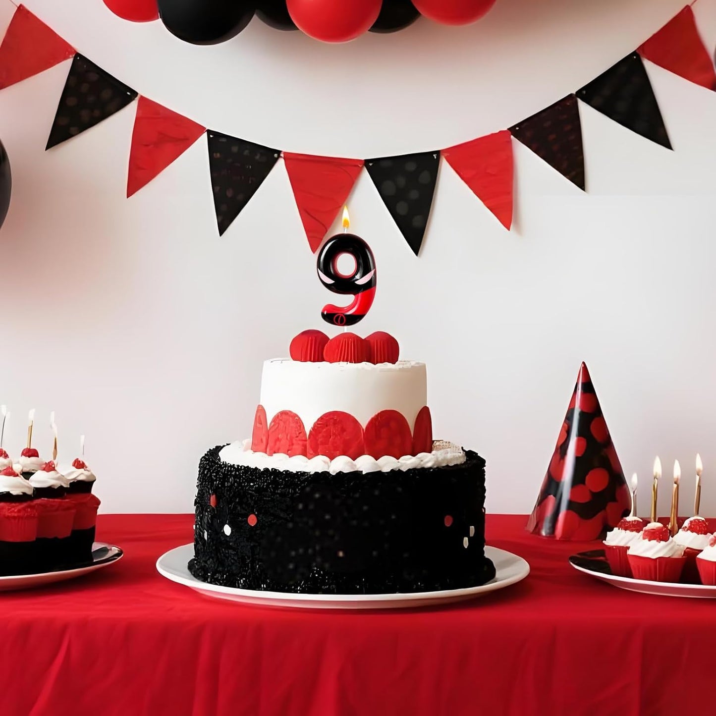 Black Red Mask Number 9 Birthday Candles - Comic Themed Cake Topper for Birthday Decorations Supplies, 9 Candle Party Favors (Number 9)