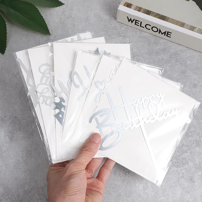 DIVINA VITAE 6 Pcs Silver Acrylic Happy Birthday Cake Toppers & Inserts - 6.29" W x 9.44" H - Perfect for Cupcakes, Cakes, Parties & More