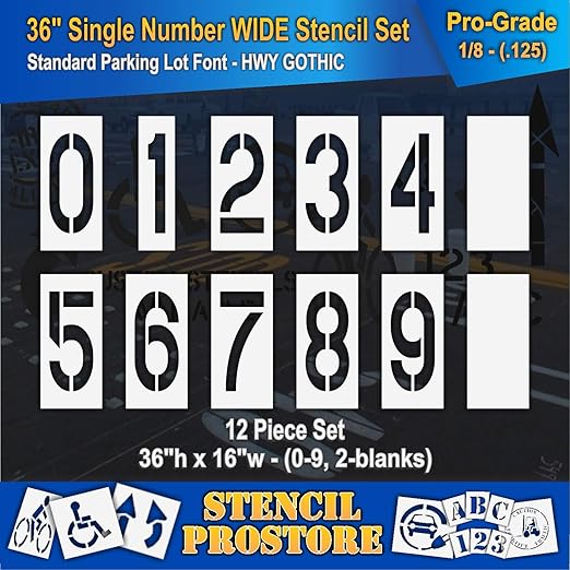 Pavement Stencils - 36 inch Number Stencil (Wide) Set (12 Pieces) -0-9 - 36" x 16" x 1/8" (128 mil) - Pro-Grade