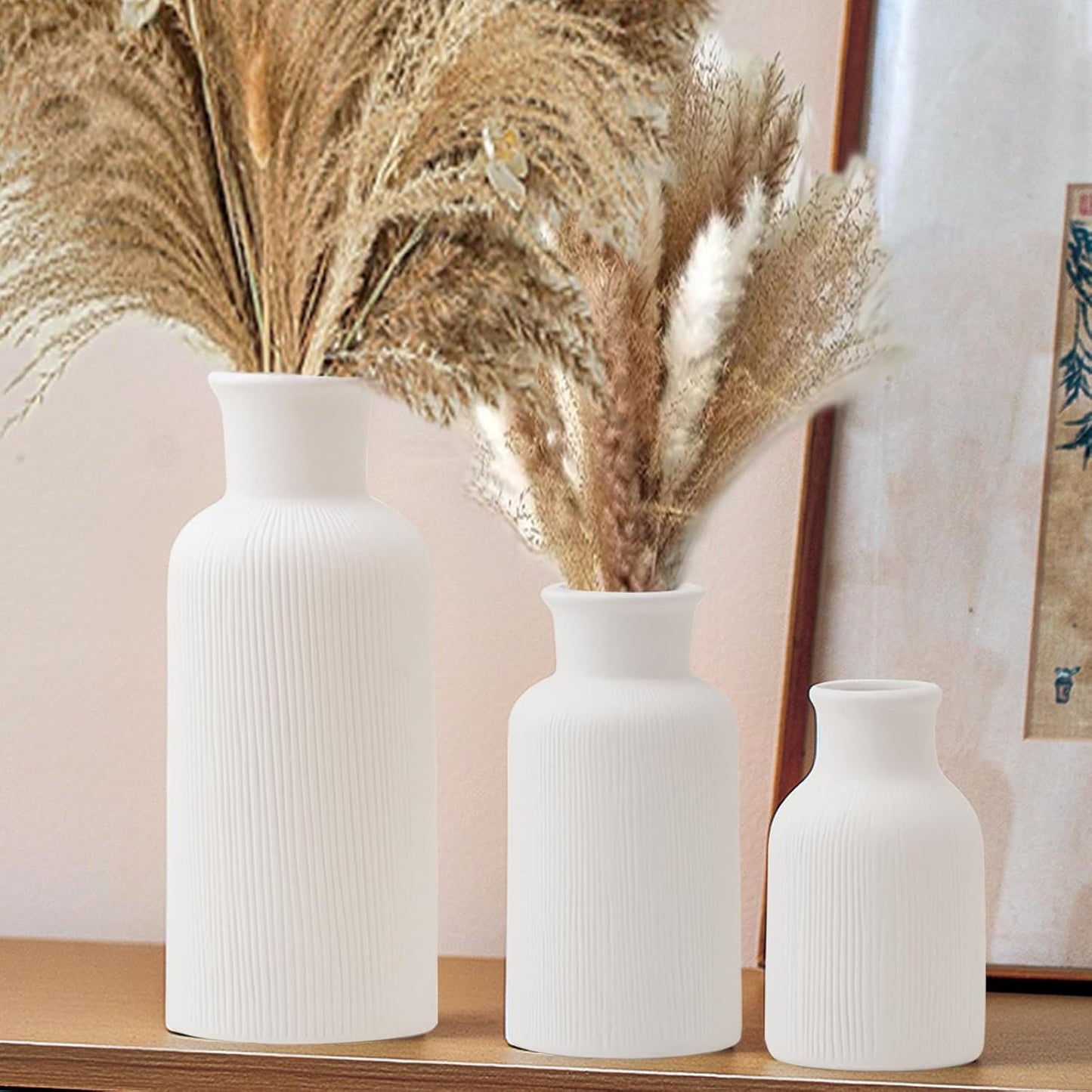 White Ceramic Vase Set of 3, Modern Ribbed Design, Pampas Vases, Table Decorations