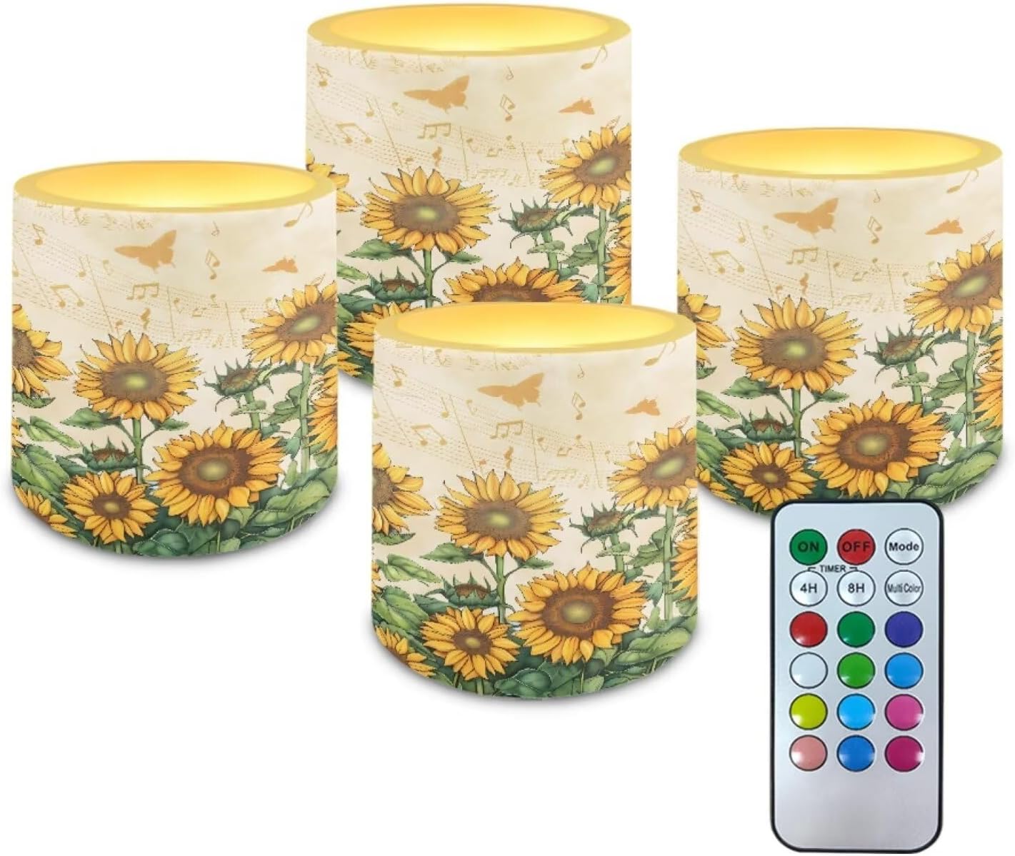 Poceacles Battery Operated LED Candles Set of 4 Remote and Timer Flameless Votive Candles, Multi-Color Flickering Tea Light for Home Parties Holidays Decor, Sunflower Butterfly Musical Note