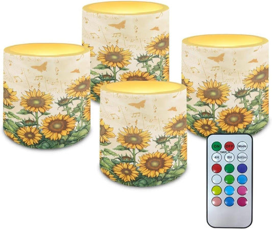 Poceacles Battery Operated LED Candles Set of 4 Remote and Timer Flameless Votive Candles, Multi-Color Flickering Tea Light for Home Parties Holidays Decor, Sunflower Butterfly Musical Note