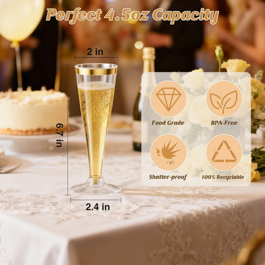100 Pack Champagne Flutes Plastic Wine Glasses Disposable, 4.5 Oz Gold Rim Mimosa Glasses for 2025 Engagement Wedding Birthday New Years Eve Xmas Party Supplies, Bulk Toasting Cocktail Cups