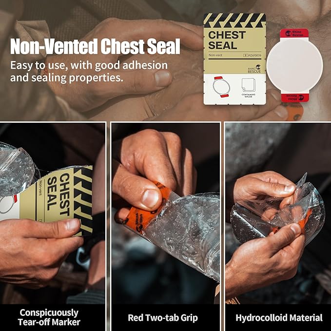 RHINO RESCUE Chest Seal Non-Vented, Sterile Emergency Trauma Dressing, Occlusive Adhesive Pad, IFAK Refill & Medical First Aid Supplies for Wound Care, Gunshot Wound, Sucking Chest (20 Count)
