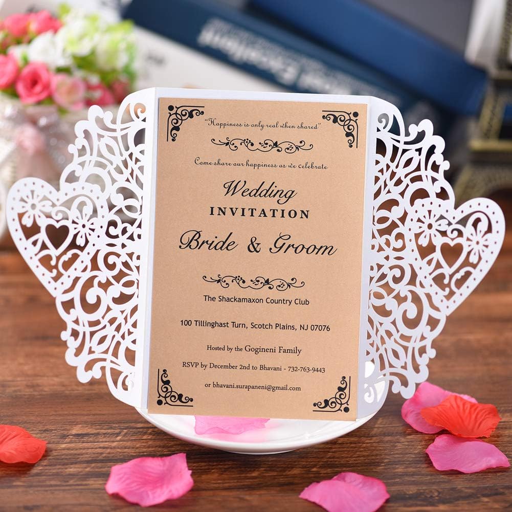 FOMTOR White Laser Cut Wedding Invitations Kits 50 Packs Laser Cut Wedding Invitations with Blank Printable Cards and Envelopes for Wedding,Birthday Parties,Baby Shower