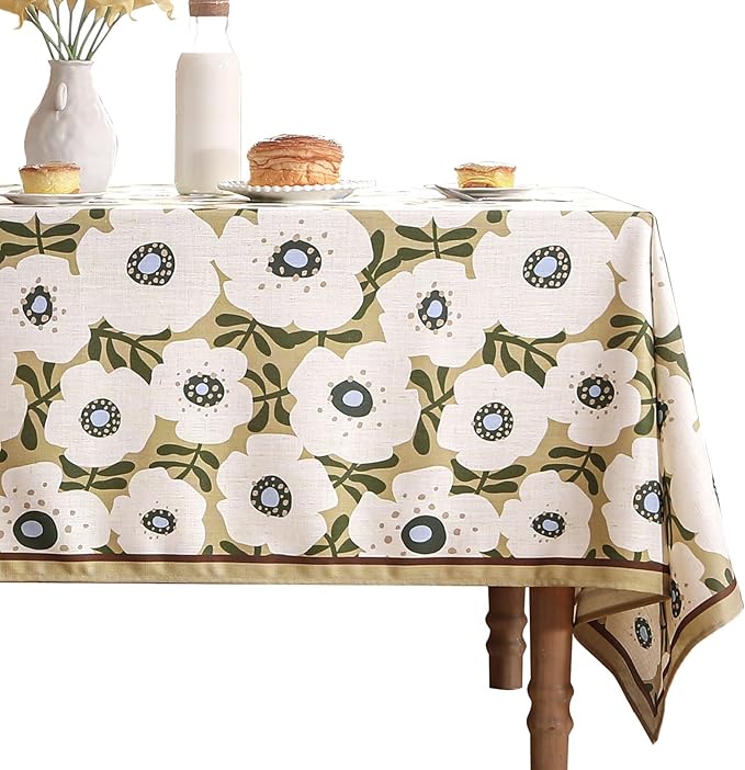 Designer Vintage Rectangular Tablecloth,Linen French Tablecloth with White Floral Pattern,Decorative Table Cover for Kitchen,Dining,Thanksgiving,Tea Party,63" × 87"-Hidaka