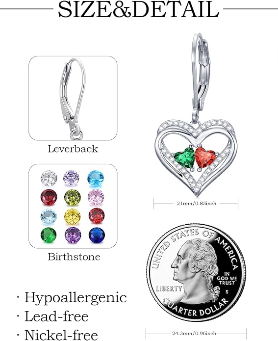 Valentines Day Gifts for Women, Heart Leverback Earrings Double Birthstone Dangle Earrings for Women, Love Jewelry for Her, Anniversary Birthday Gift for Mom Wife Girlfriend