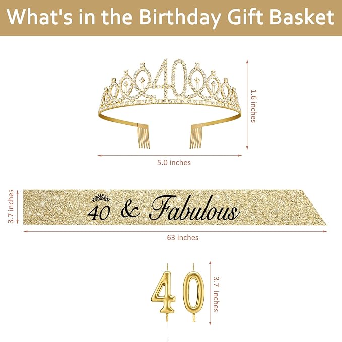 40th Birthday Decorations for Her with 40th Birthday Sash and Crown, Candles Gold, Gifts for 40 Year Old Woman