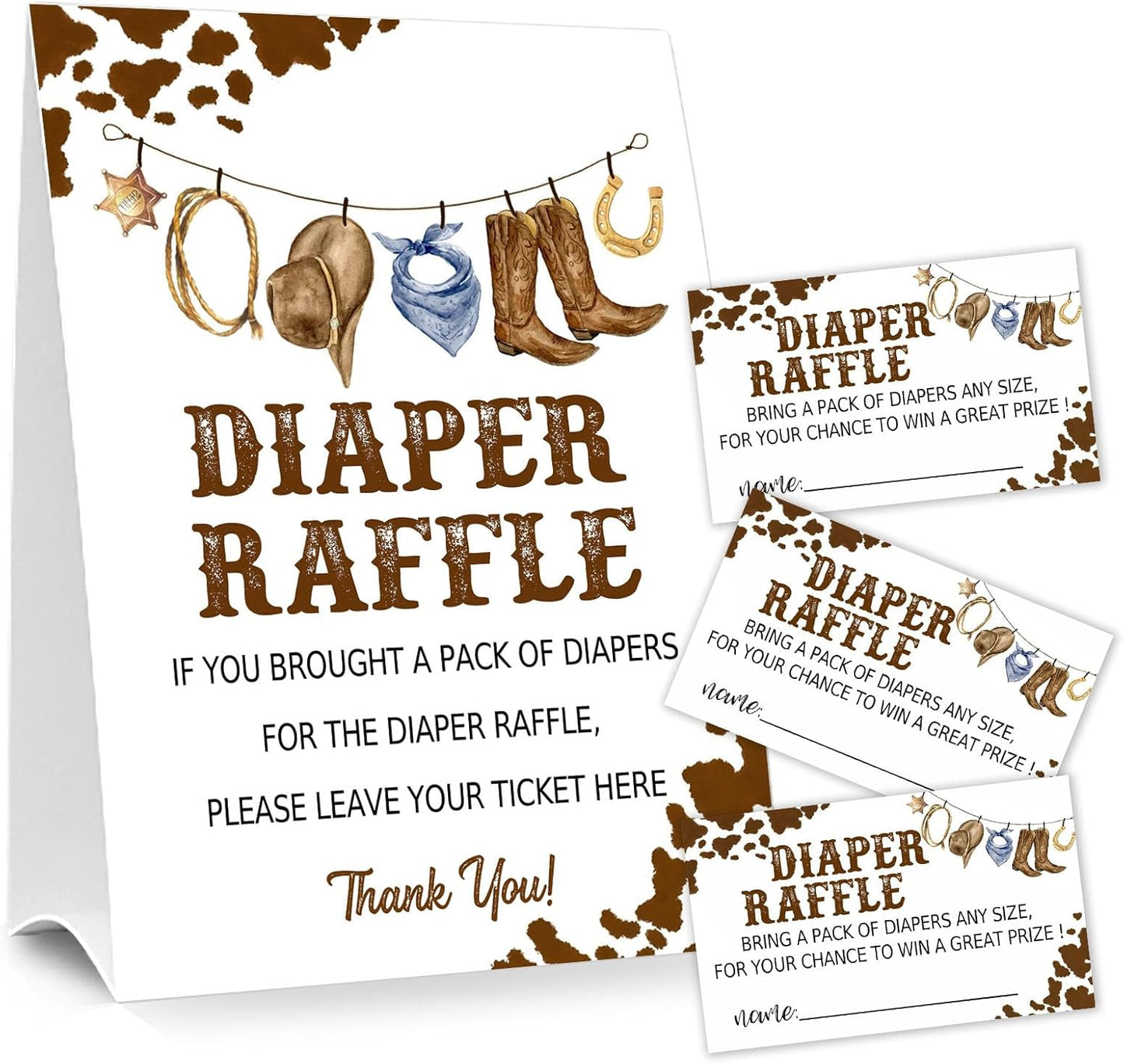 Diaper Raffle Tickets for Baby Shower Game, 1 Standing Sign & 50 Guessing Cards for Baby Shower Party Decoration, West cowboy