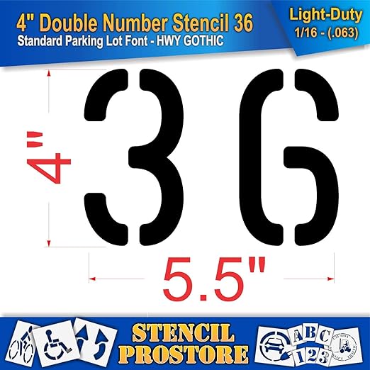 Pavement, Curb, and WheelStop Stencils - 4 inch Double Number Stencil - (36) - 4" x 5.5" x 1/16" (63 mil) - Light-Duty