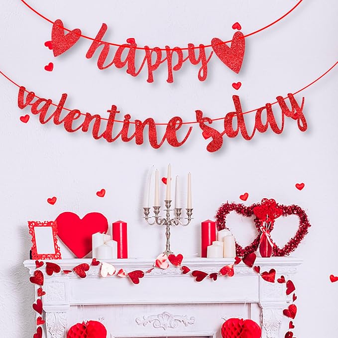 Glitter Happy Valentines Day Banner, Pre-Assemble Valentines Day Banners, Red Valentine's Day Sign with Heart for Valentine Home, Office, Fireplace, Wall and Party Decorations
