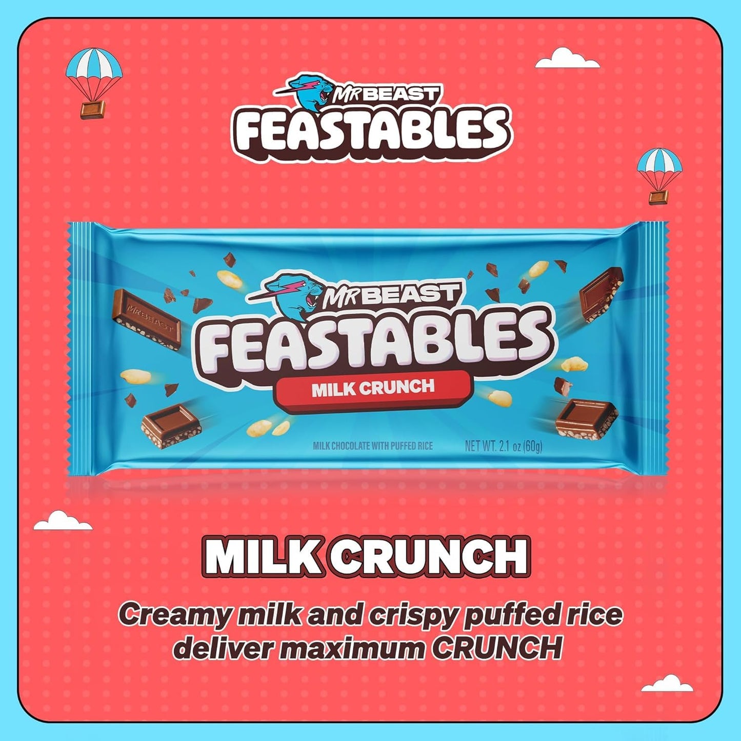 Feastables MrBeast Combo Pack, King Size Milk Chocolate & Milk Crunch Bars, 10 Each, Candy Bars for Adults & Kids, Candy Bar for Snacks, Gifts, or Dessert, Fairtrade Cocoa, 2.1 Oz Each, 20 Count