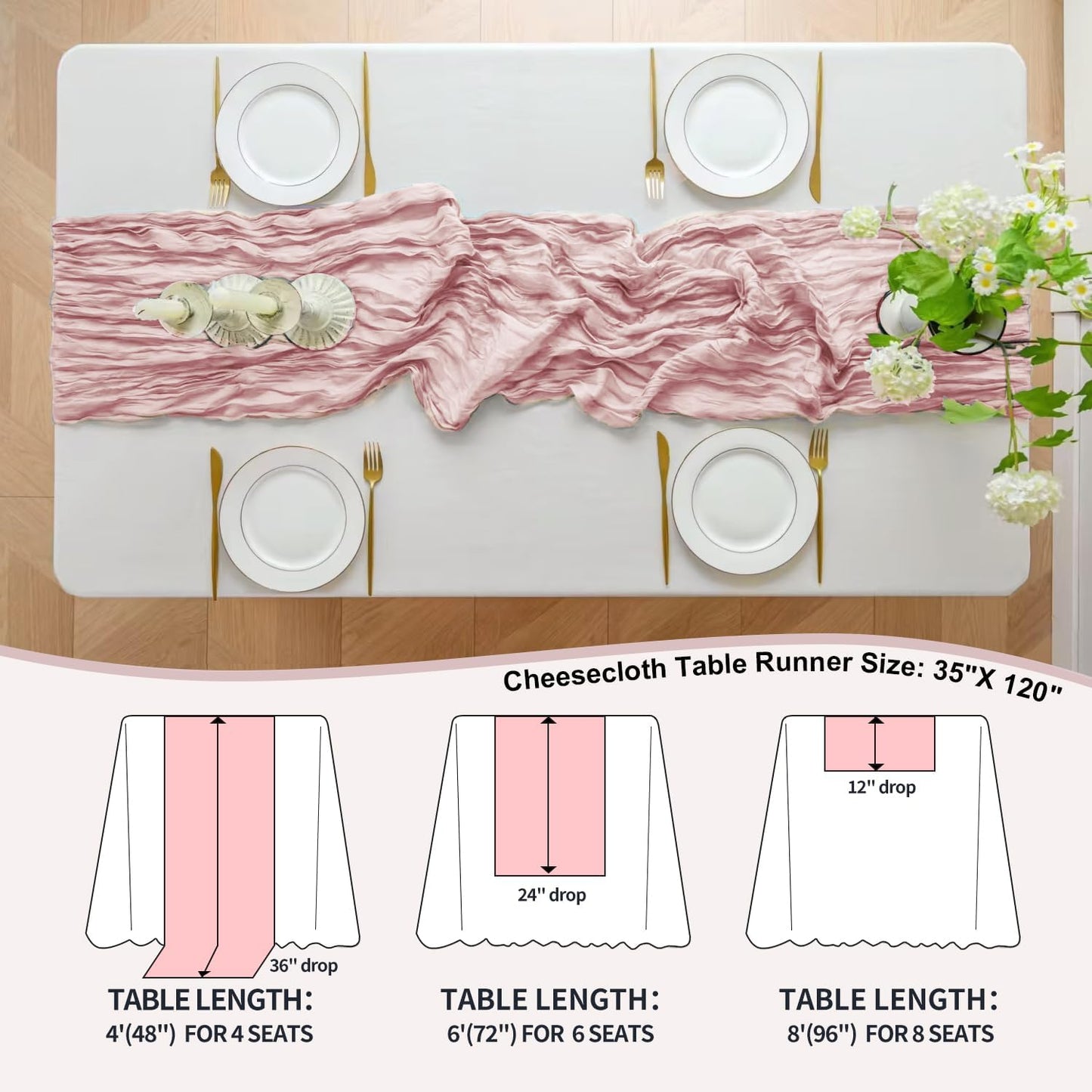 GARIG 6 Pack Cheesecloth Table Runner 10FT Light Pink Cheese Cloth Table Runners 35x120 Inches Boho Gauze Table Runner Rustic Sheer for Party Baby Shower Wedding Decorations