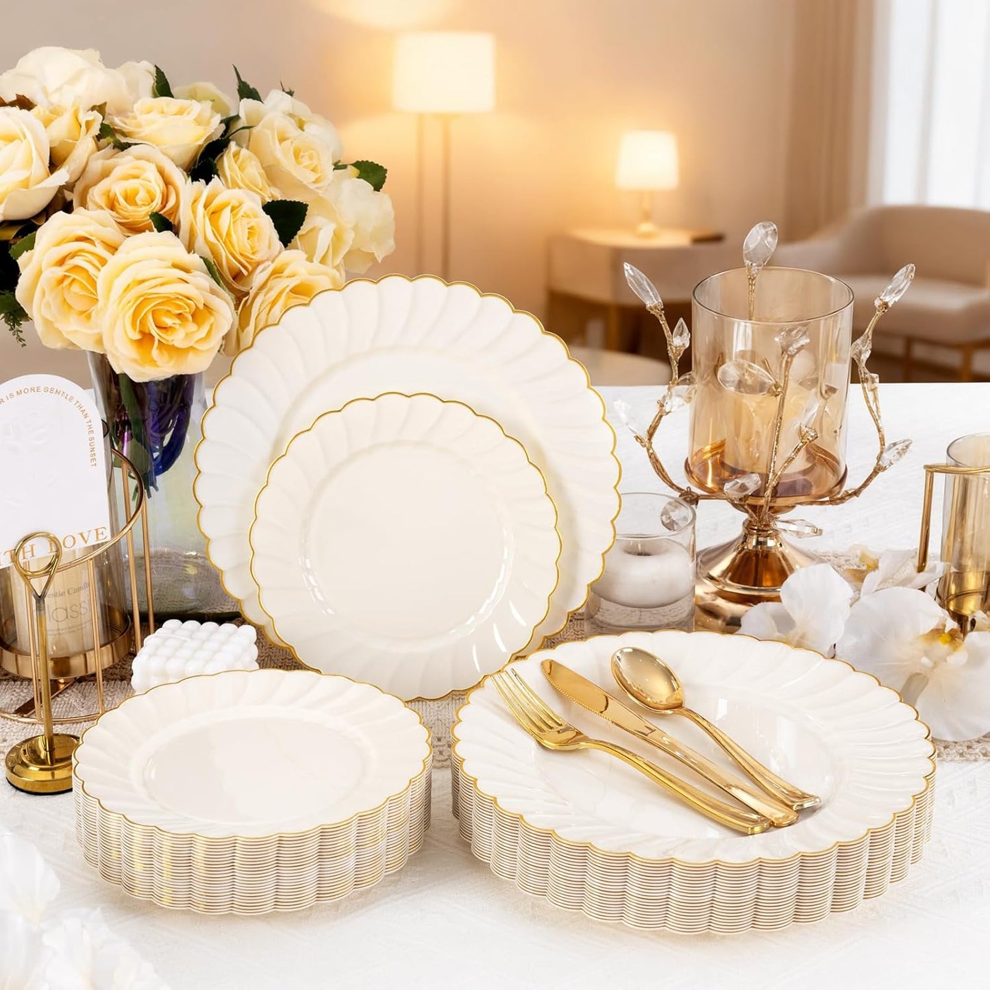 YOUBET 60PCS Ivory Scalloped Plastic Plates - Hard Craem and Gold Fancy Disposable Plates include 30 Gold Dinner Plate, 30 Dessert Plate for Party & Wedding & Thanksgiving
