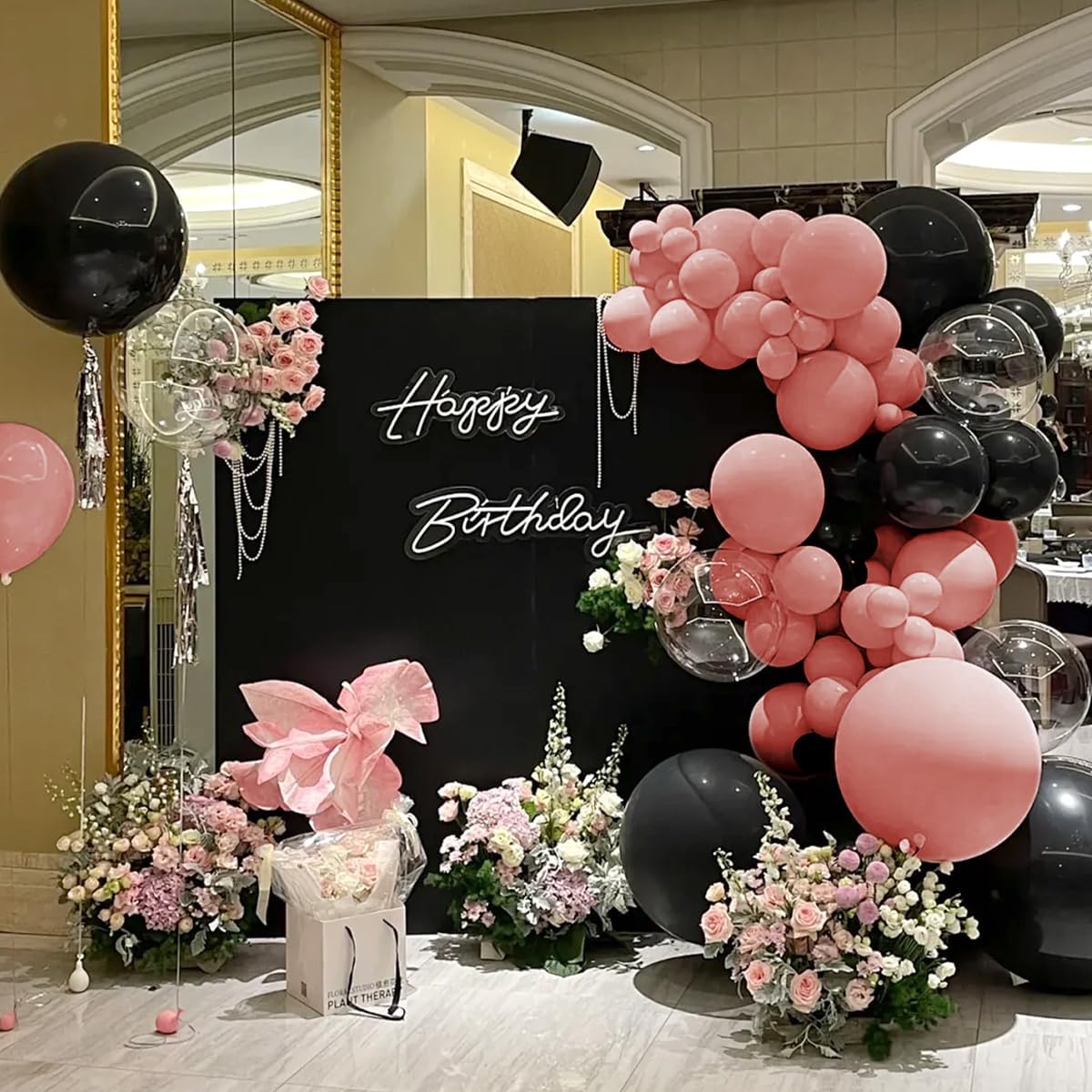 Dusty Pink Black Balloons Arch Kit, 151Pcs Black Pink and Bobo Balloons Garland 18 12 10 5 inch for Women Girls Birthday Wedding Bridal Shower Bachelorette Anniversary Party Decorations